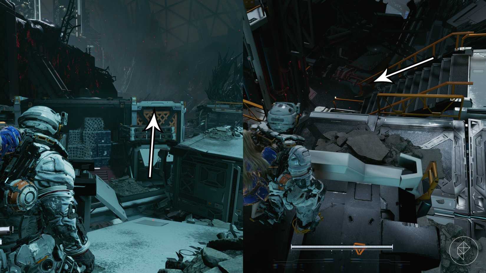 A man carrying a girl on his back looking toward a set of containers and a staircase in Pragmata.