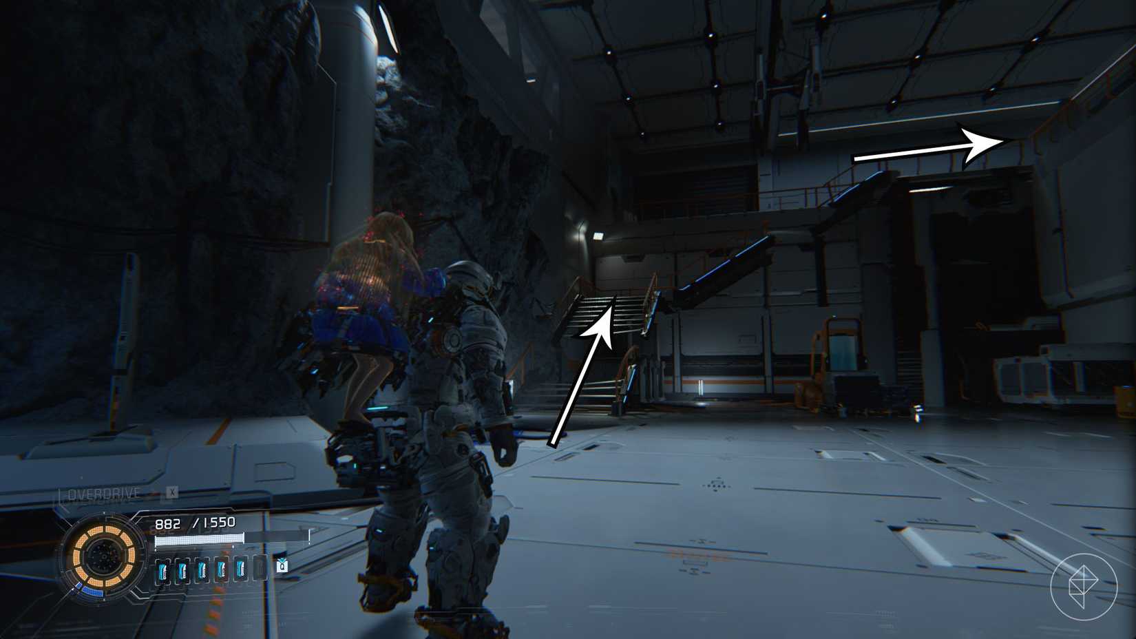 A man carrying a girl on his back looking at a broken stair case in a futuristic room in Pragmata.