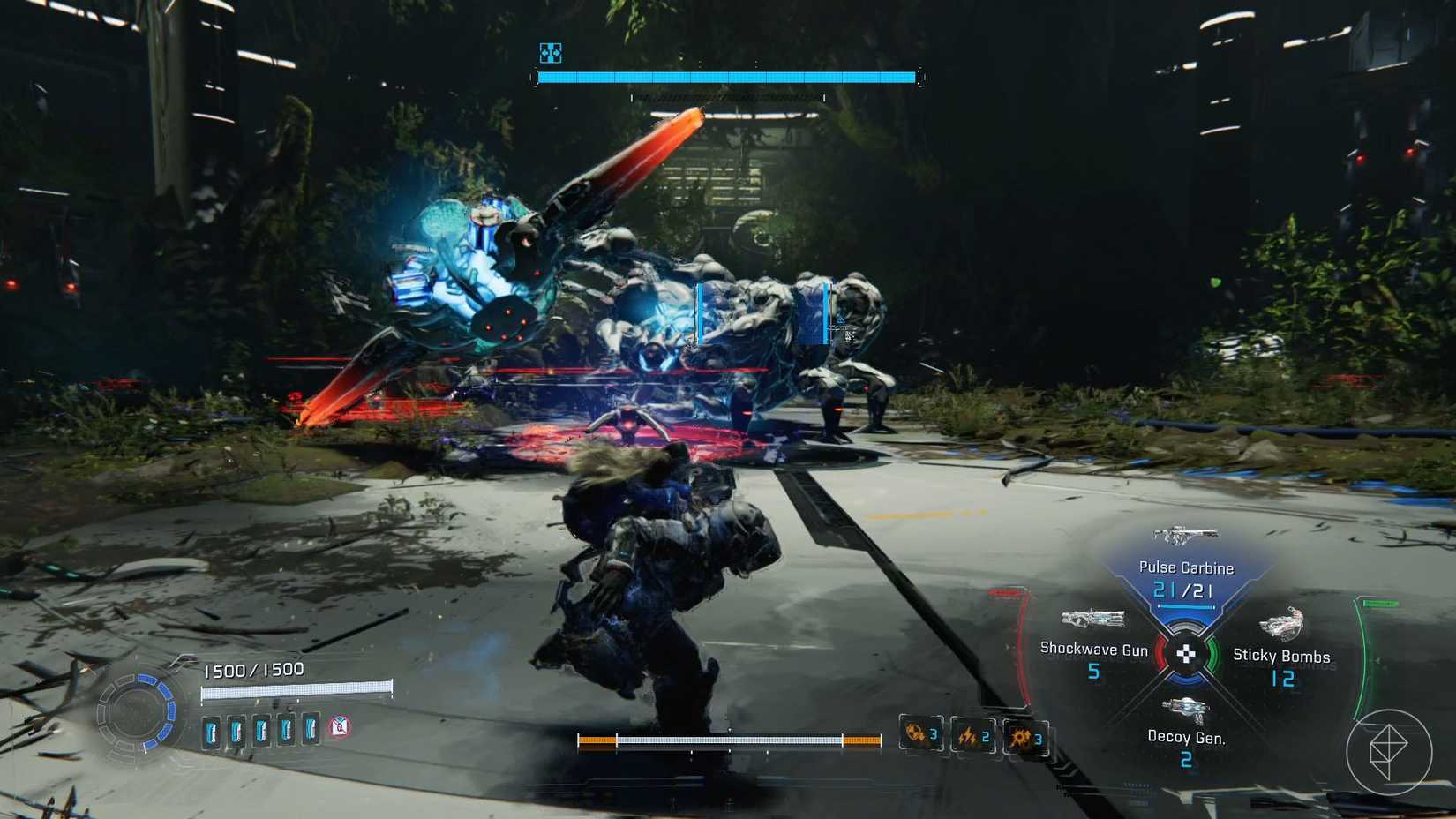 A man carrying a girl on his back running from a scorpion robot in Pragmata.