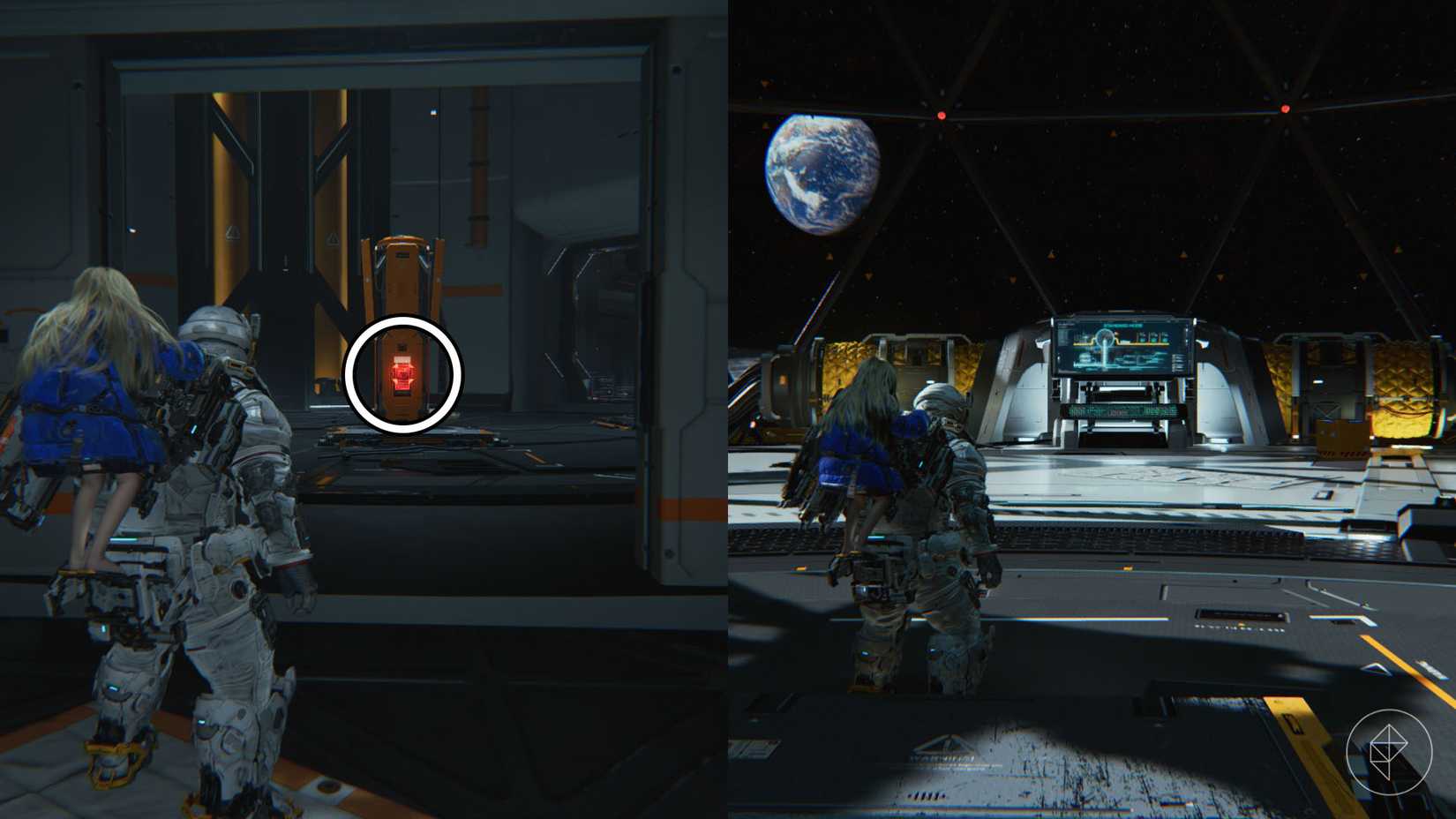 A man carrying a girl on his back looking toward a terminal and a control panel.