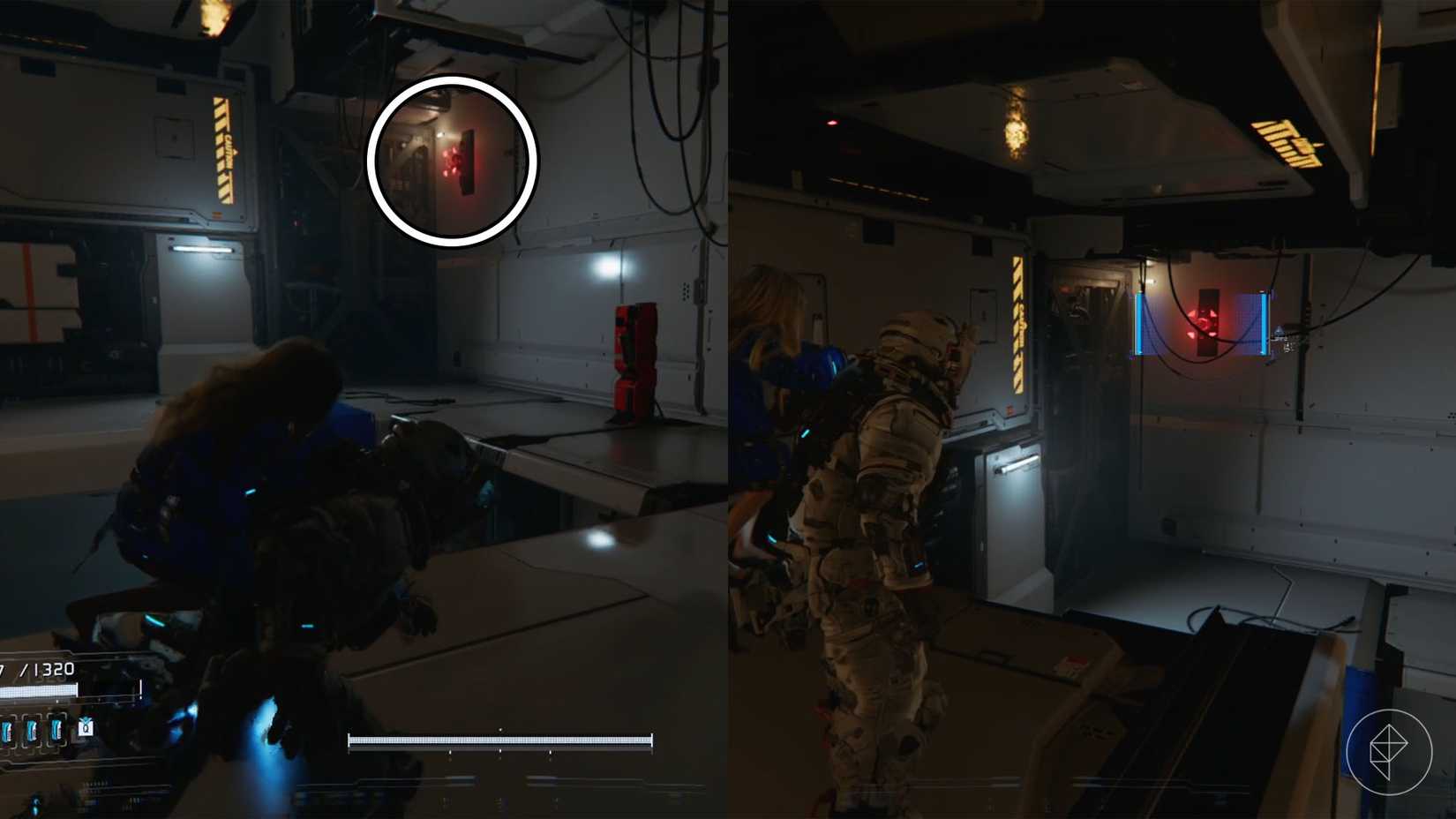 A man carrying a girl on his back heading toward an orange reddish machine and standing on top of a platform while looking at a red light on the wall in Pragmata.