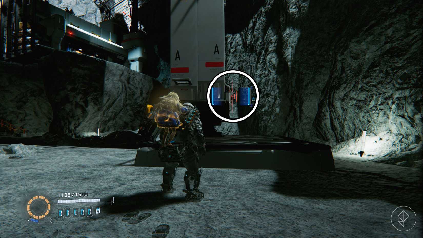 A man carrying a girl on his back looking toward a red light on a pillar in a dark and gray environment in Pragmata.