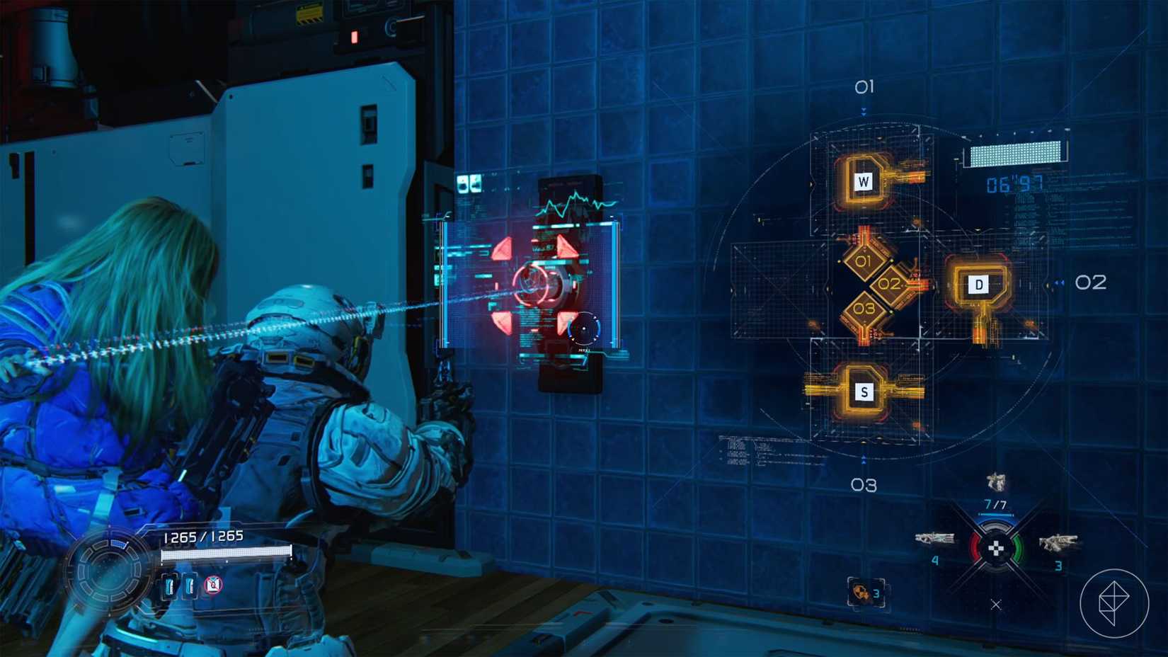 A girl on a person in a space suit's back with a blue light coming out of her hand toward a machine on a wall in Pragmata.