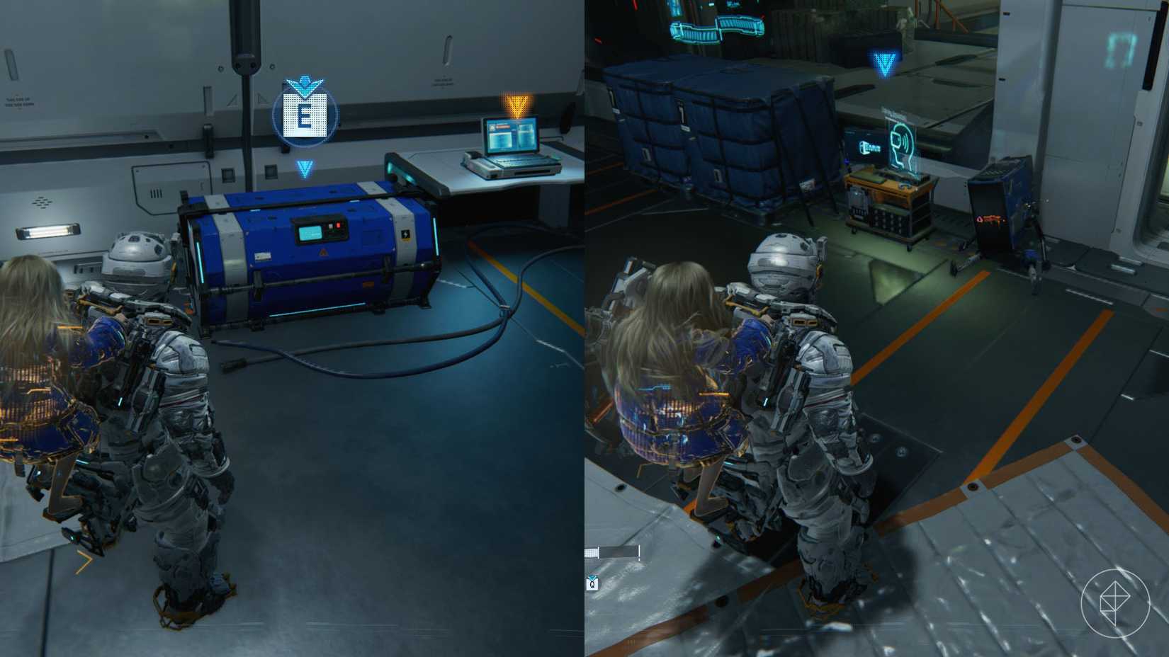 A man carrying a girl on his back standing in front of a blue chest and a robot sitting on the floor in Pragmata.