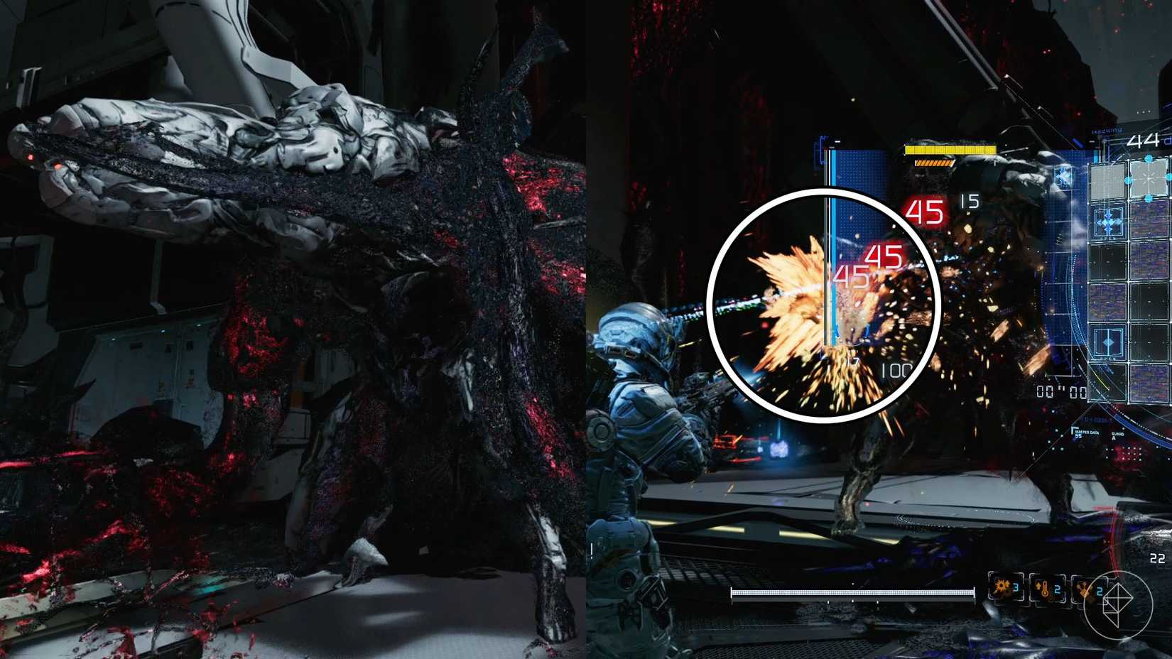 A white robot with red and black tentacle arms and a yellow core hidden underneath in Pragmata.