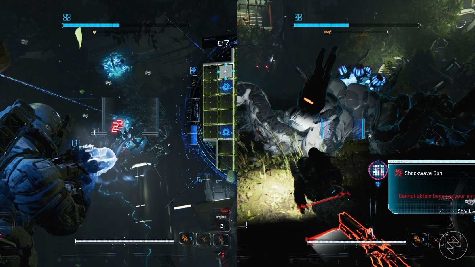 A man aiming a gun at a giant scorpion robot on the ceiling as well as them collapsed on the floor in Pragmata.