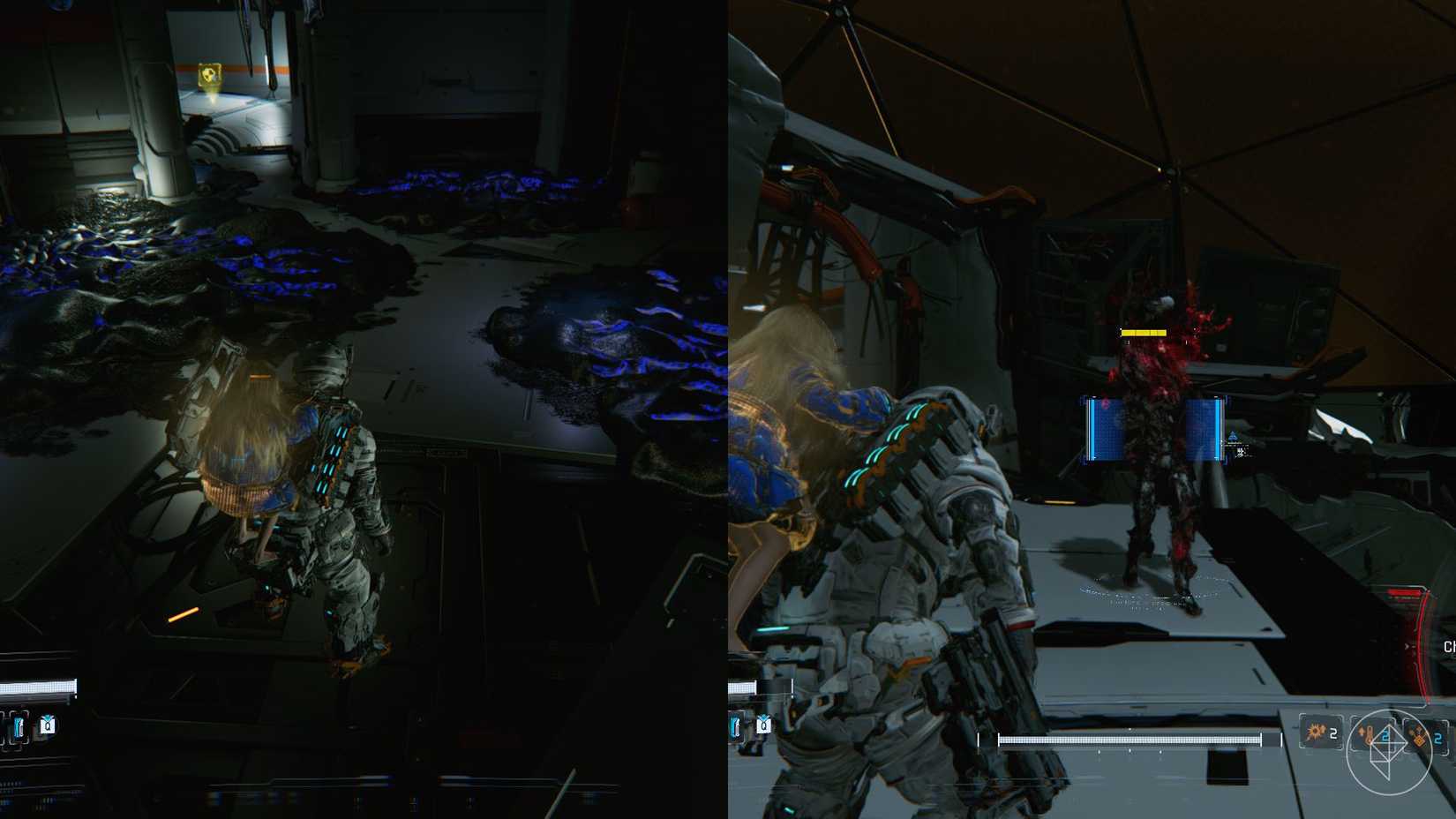 A man carrying a girl on his back in a dark room with black goop on the floor and standing in front of a contaminated robot covered in the substance.