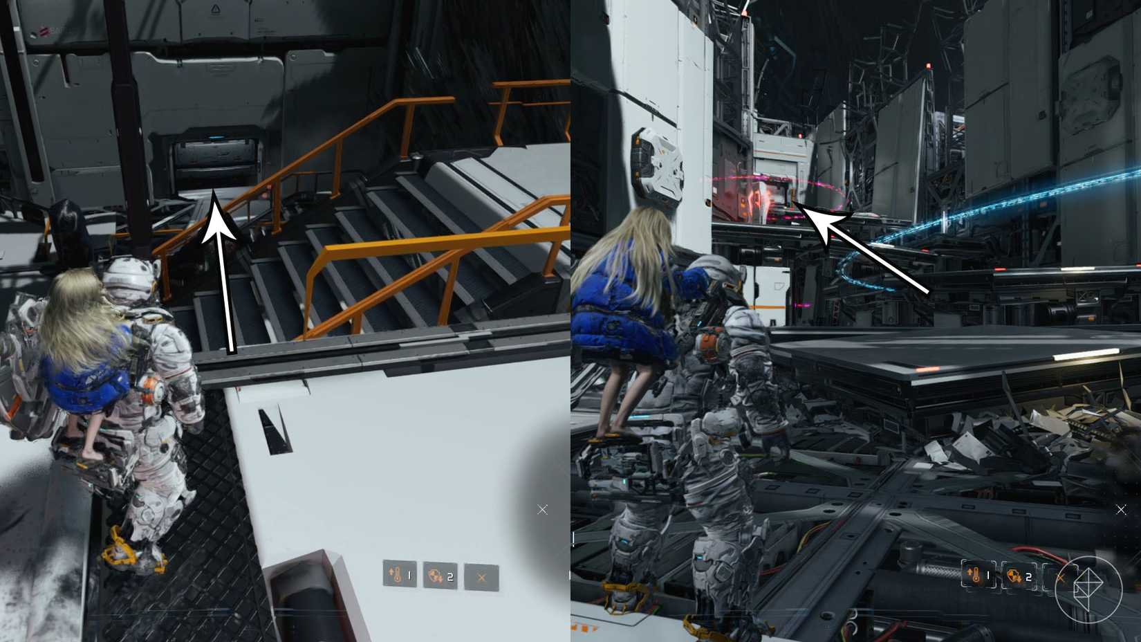 A man carrying a girl standing at the top of a set of stairs and looking down toward a door in Pragmata.