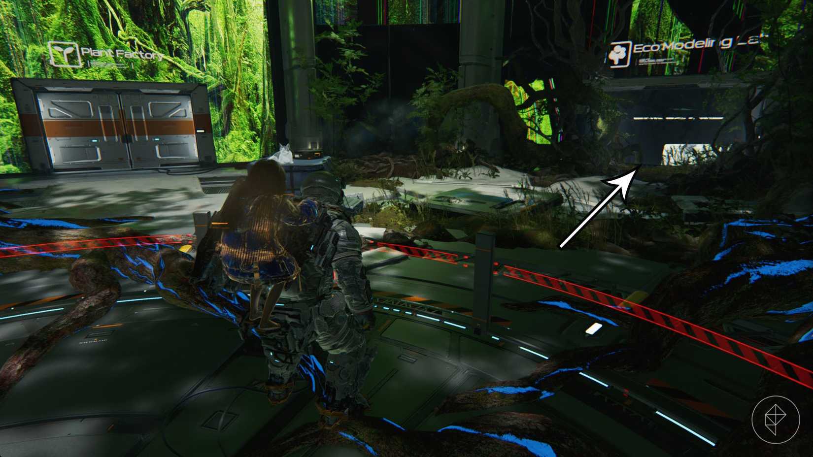 A man in a space suit carrying a girl on his back looking at two entrances: Plant Factory and Eco Modeling Lab.