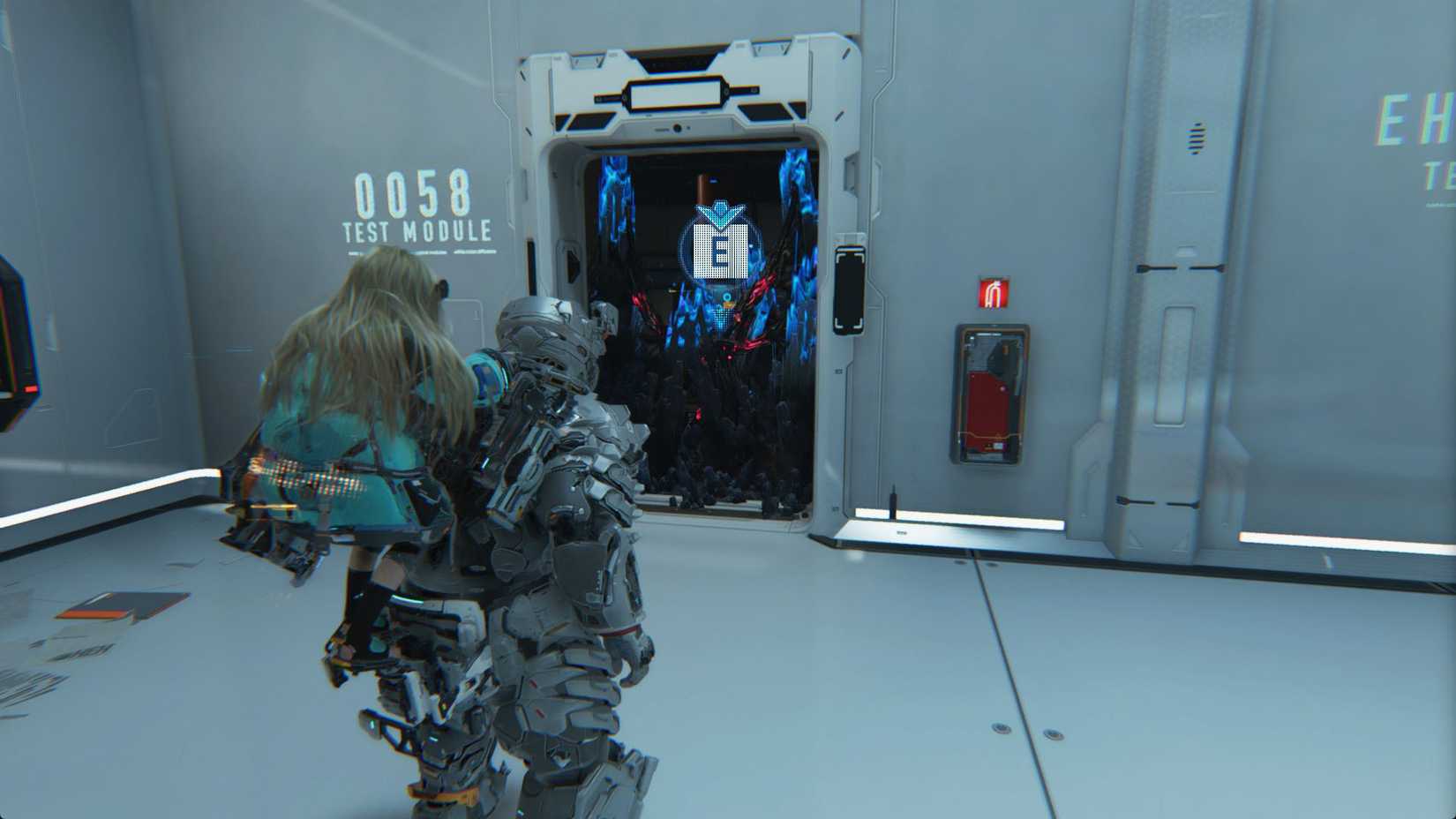 A man carrying a girl on his back standing in front of black and blue spikes in a doorway in Pragmata.