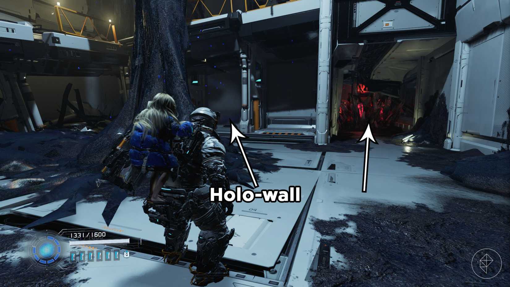 A man carrying a girl on his back looking toward a wall and black and red spikes in Pragmata.