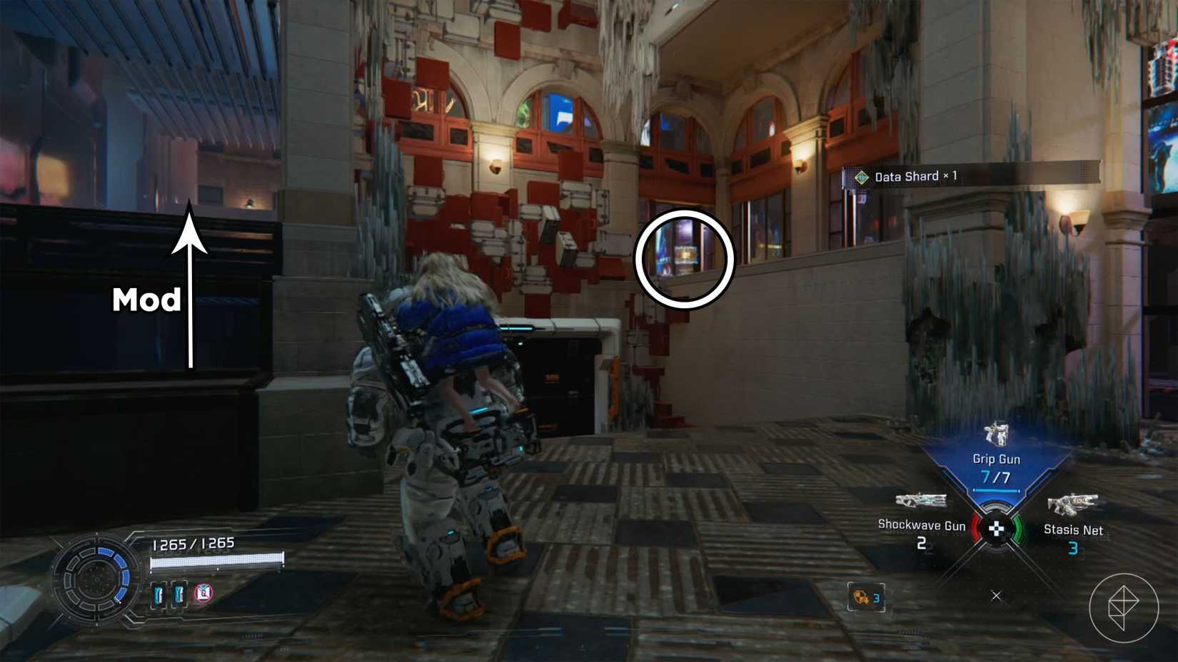 A man carrying a girl on his back looking toward a yellow cube in the distance while standing beside a stair case in Pragmata.