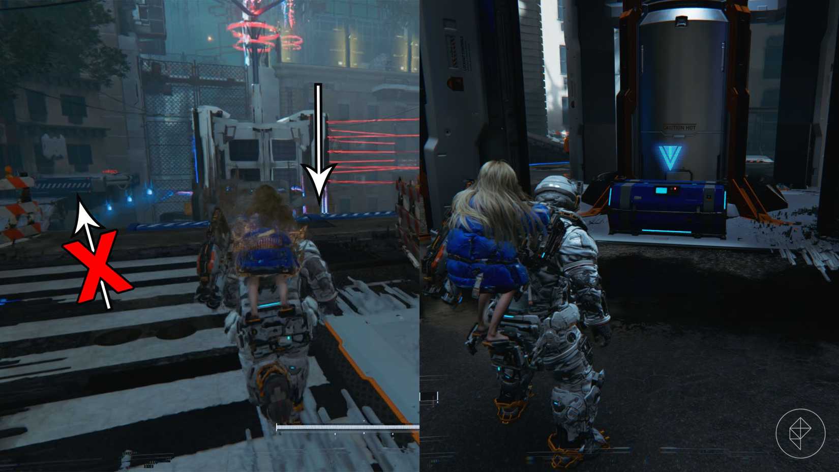 A man carrying a girl on his back heading toward a tower with lasers and standing in front of a blue chest in Pragmata.