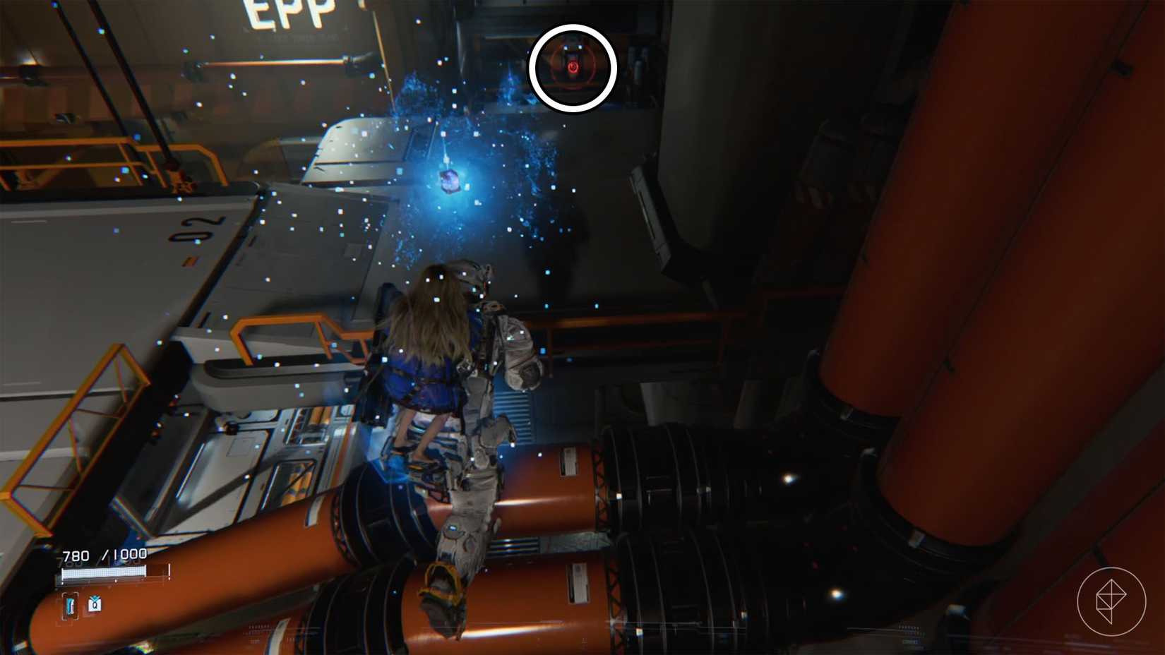 A man carrying a girl on his back going towards a floating blue cube and a red ring in the distance.