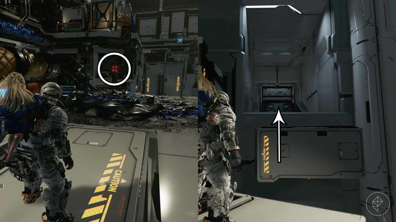 A man carrying a girl on his back standing on top of a yellow caution line while looking at a red light in the distance in Pragmata.