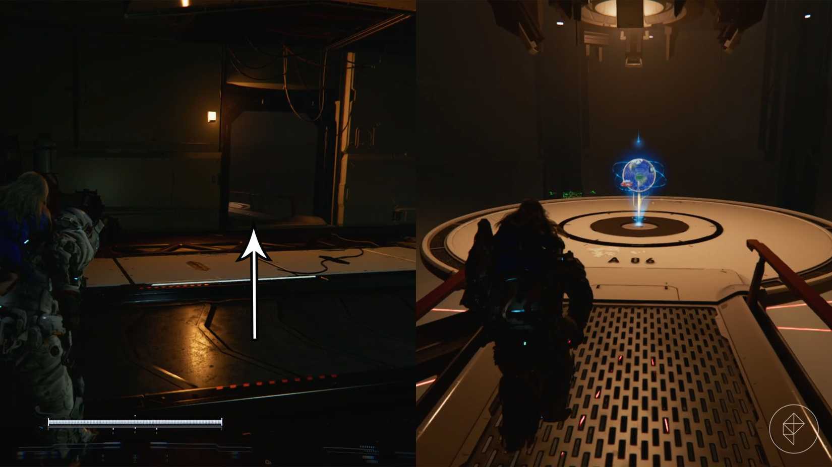 A man carrying a girl on his back in a dark hallway and heading into a room with an item that has a holographic Earth.