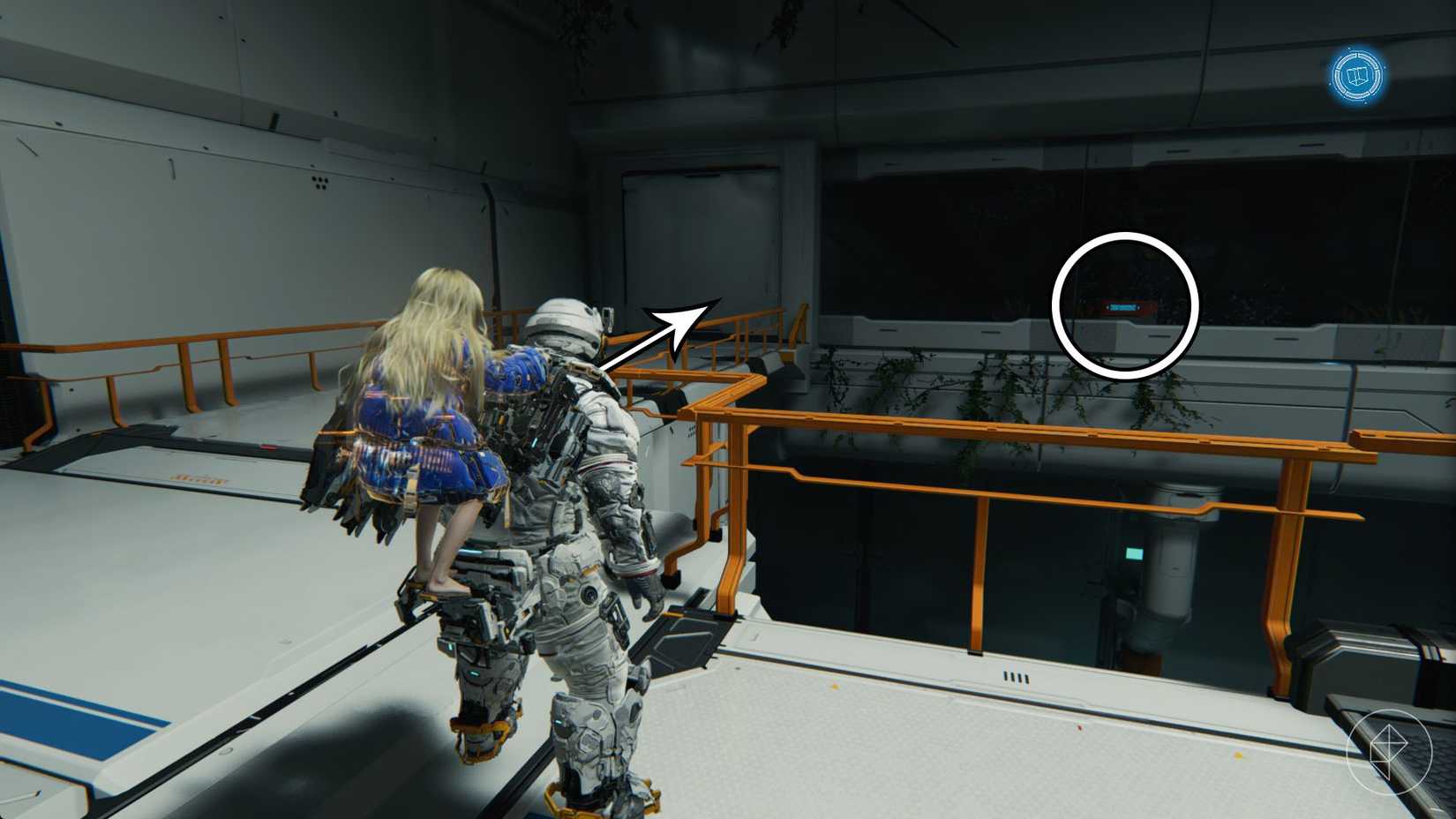 A man carrying a girl on his back looking toward a chest behind a glass window in Pragmata.