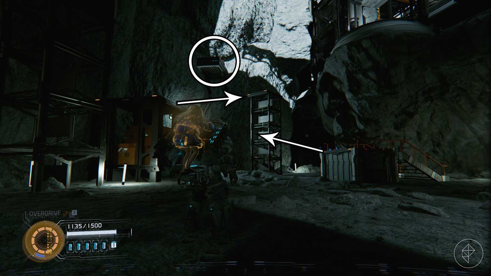 A man looking at a series of platforms in a dark and gray environment in Pragmata.