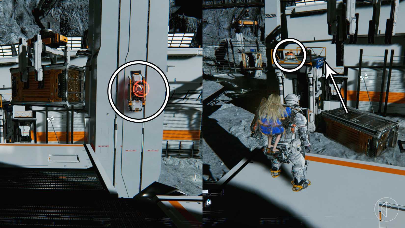 A man carrying a girl on his back looking at a machine with a red ring and a chest in the distance on the moon in Pragmata.