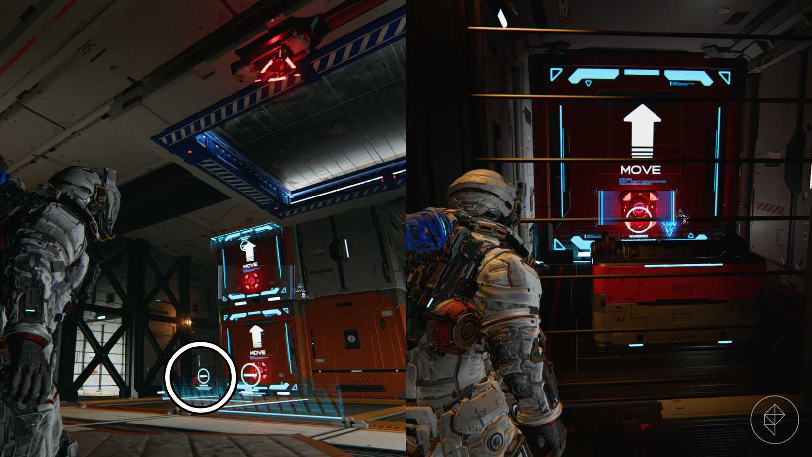 A man standing before a bunch of orange containers and up close to an orange chest in Pragmata.