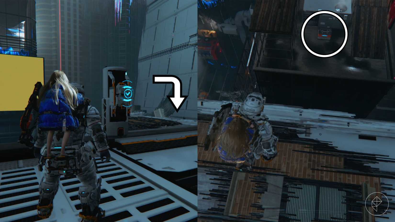 A man carrying a girl on his back looking over the edge of a bridge to see a chest on the rooftop below in Pragmata.