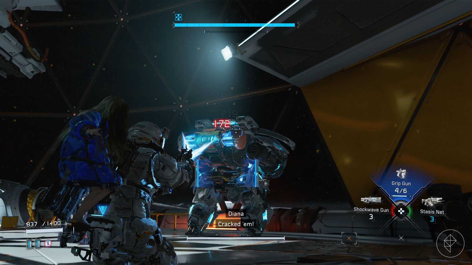 A man carrying a girl on his back shooting at a blue pod on a large robots back in Pragmata.