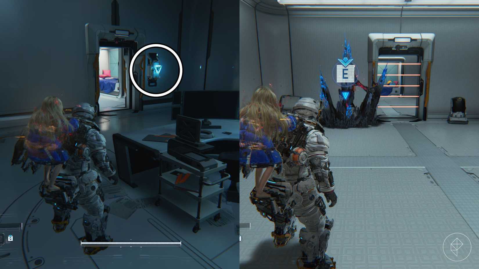 A man witha girl on his back looking at a blue light on a wall and black and blue spikes in another room in Pragmata.