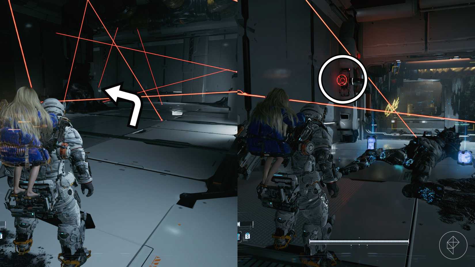 A man carrying a girl on his back in a room full of lasers and a machine with a red light in Pragmata.