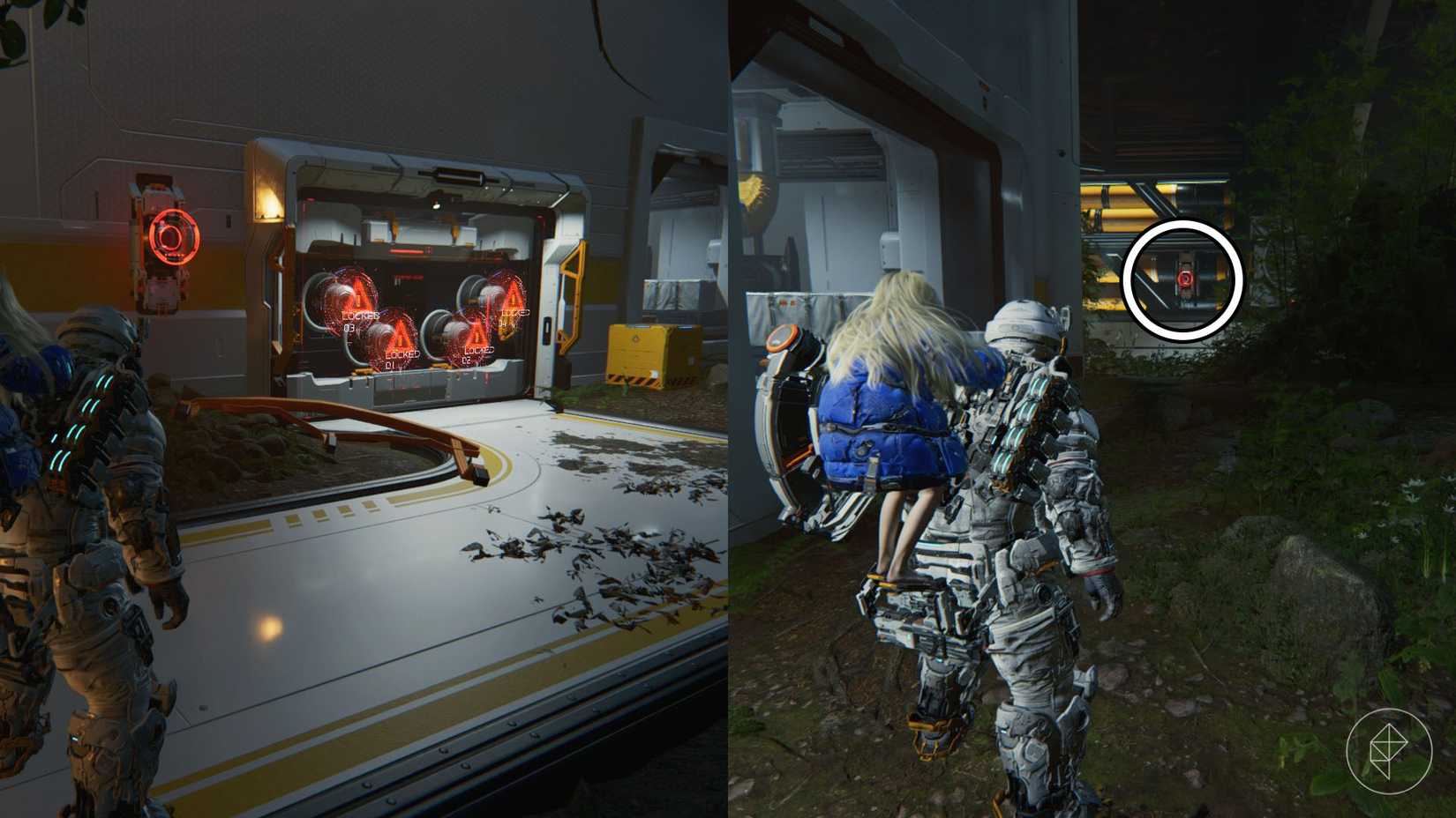 A man carrying a girl on his back looking at a locked door with four red triangles and a red ring beside it as well as another red ring in the distance.