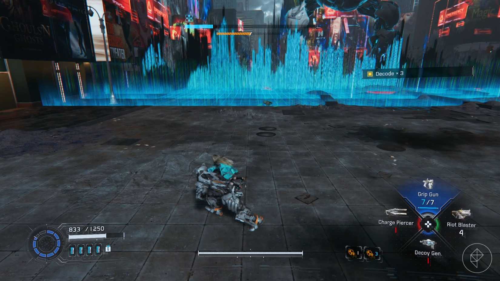 A light blue wave of light coming toward a man carrying a girl on his back in Pragmata.