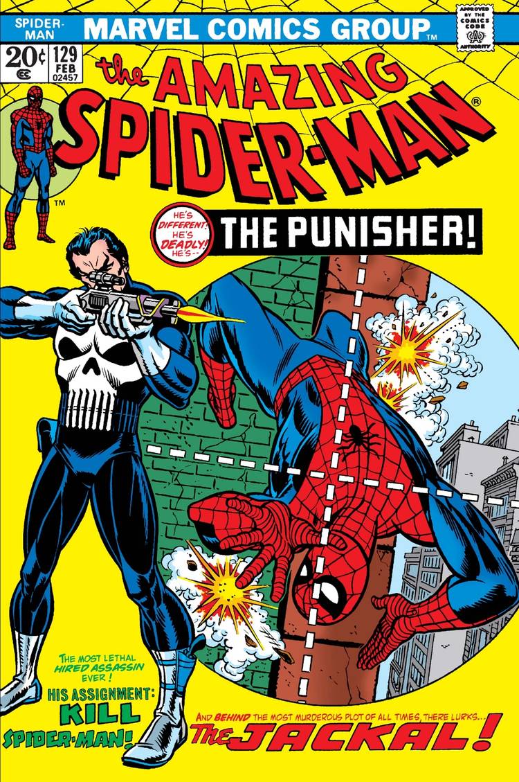The Punisher's first appearance, he has a gun aimed on Spider-Man who is flipping through the air