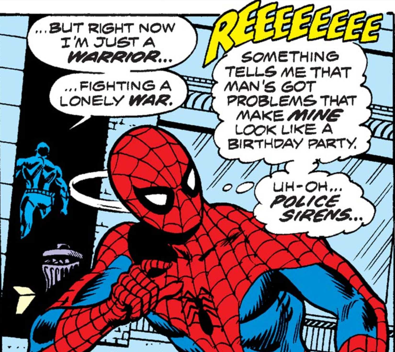 Spider-Man is baffled by the Punisher, who wanders away mumbling to himself after a fight