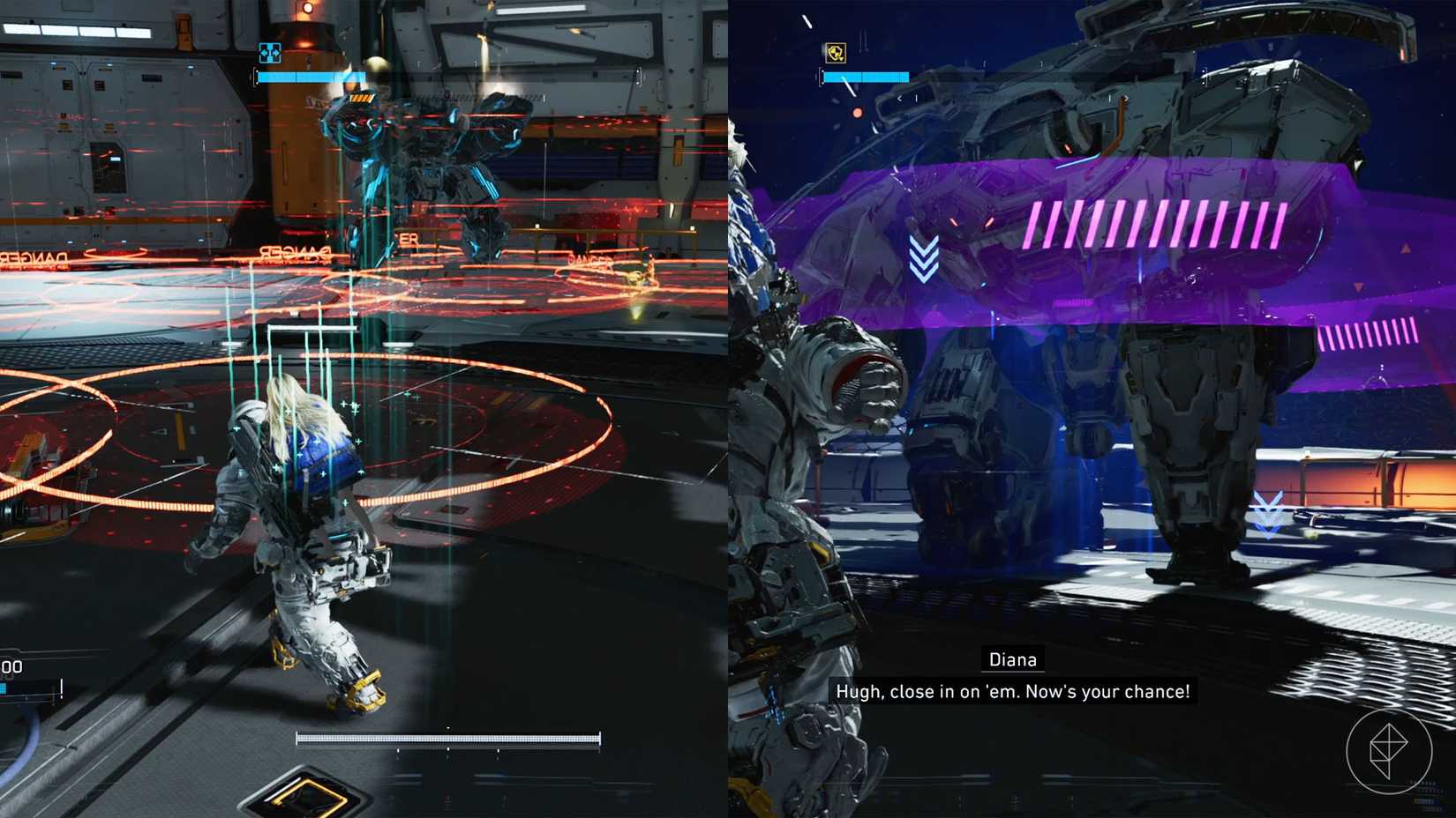 A man carrying girl on his back standing in front of red circles on the floor and a downed robot with a purple ring around them.
