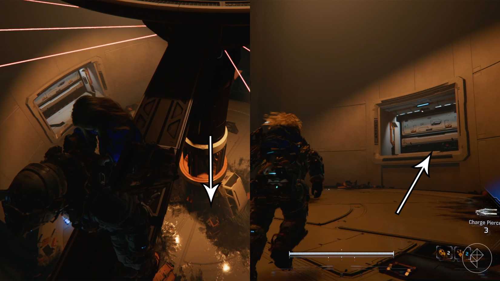 A man carrying a girl standing on a railing with rotating lasers and walking toward an elevated door in Pragmata.