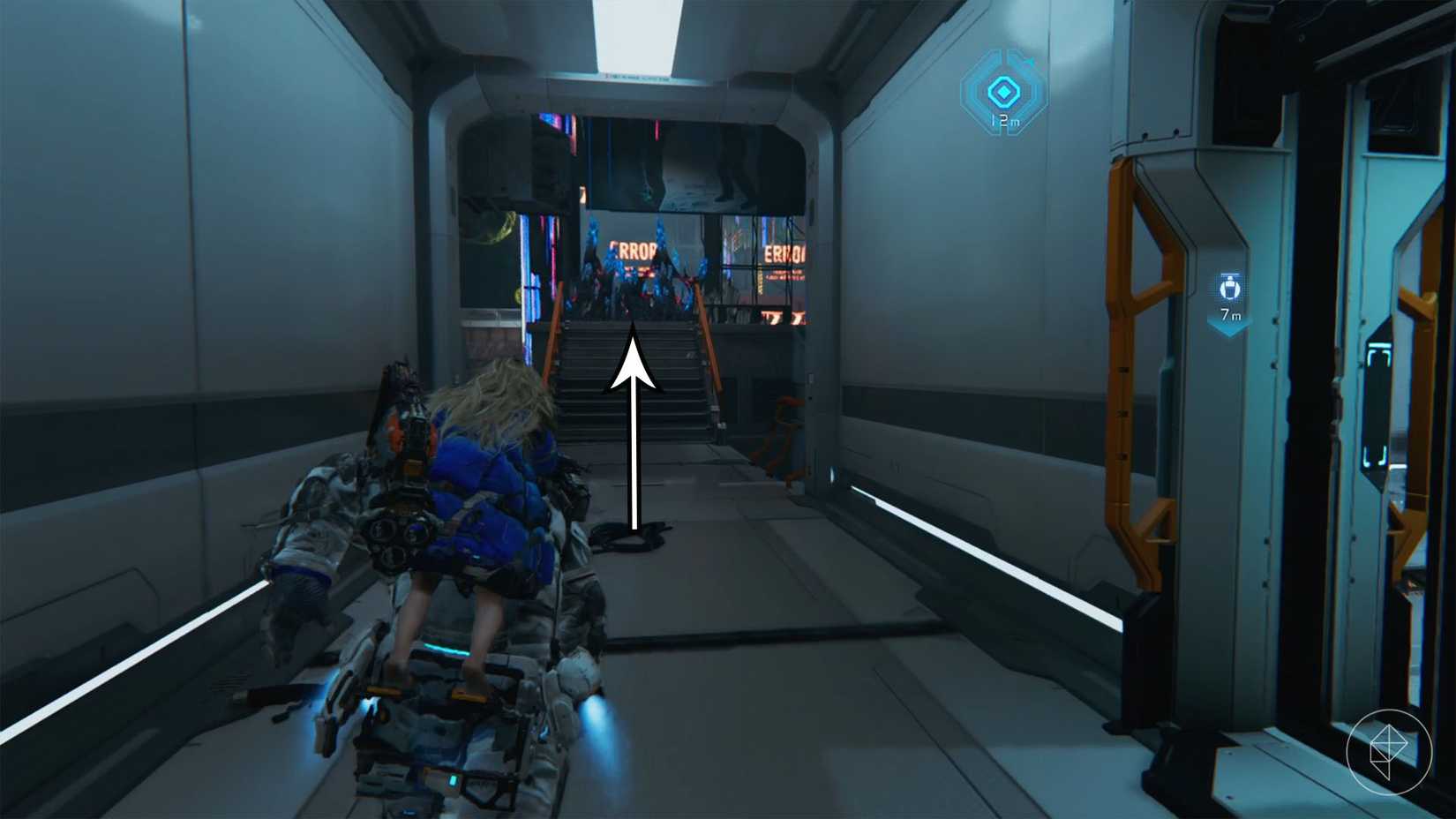 A man carrying a girl on his back running toward black and blue spikes at the top of a stair case in Pragmata.