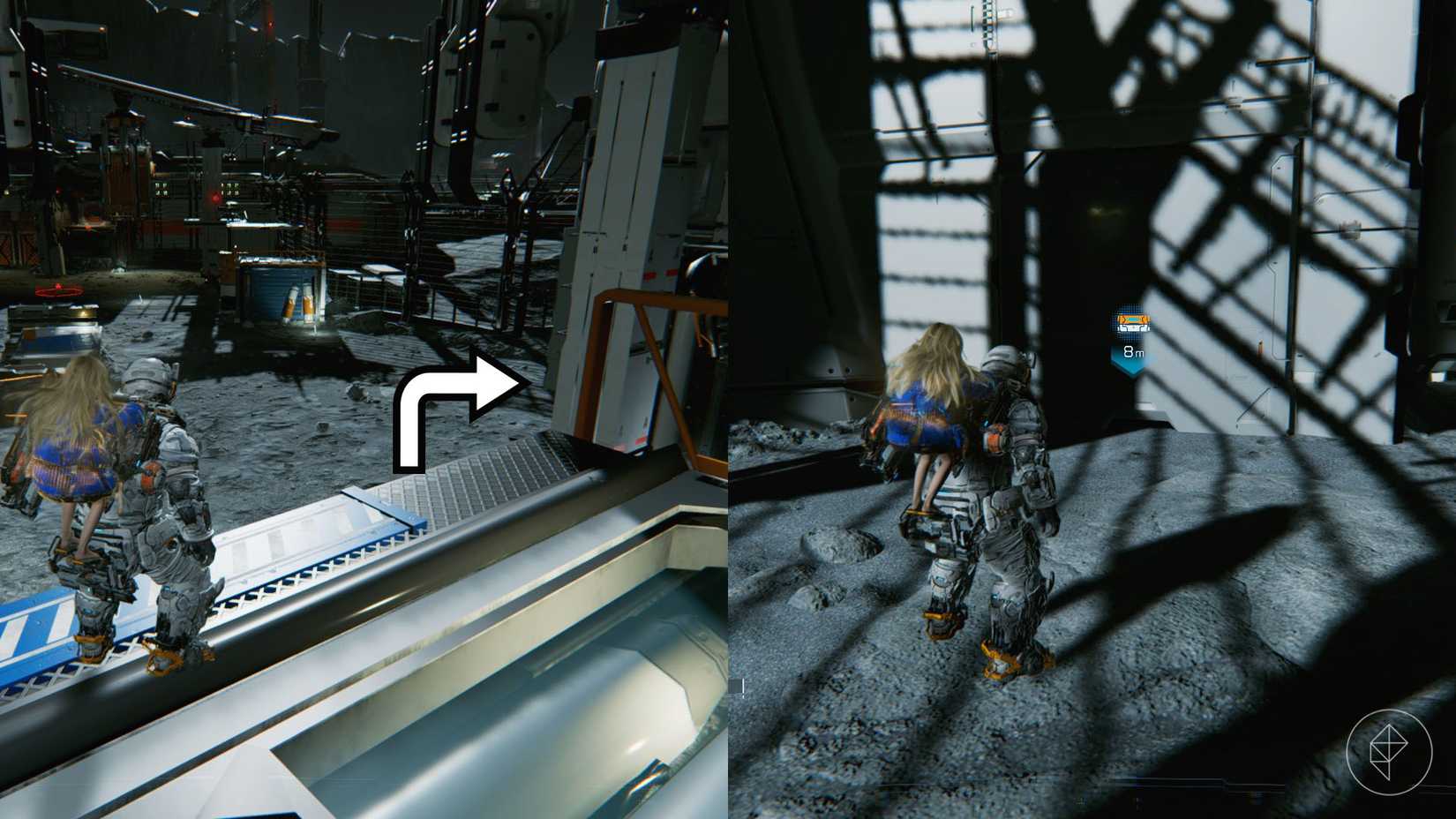 A man carrying a girl on his back looking toward a lunar base and a wall with light blue markings in Pragmata.