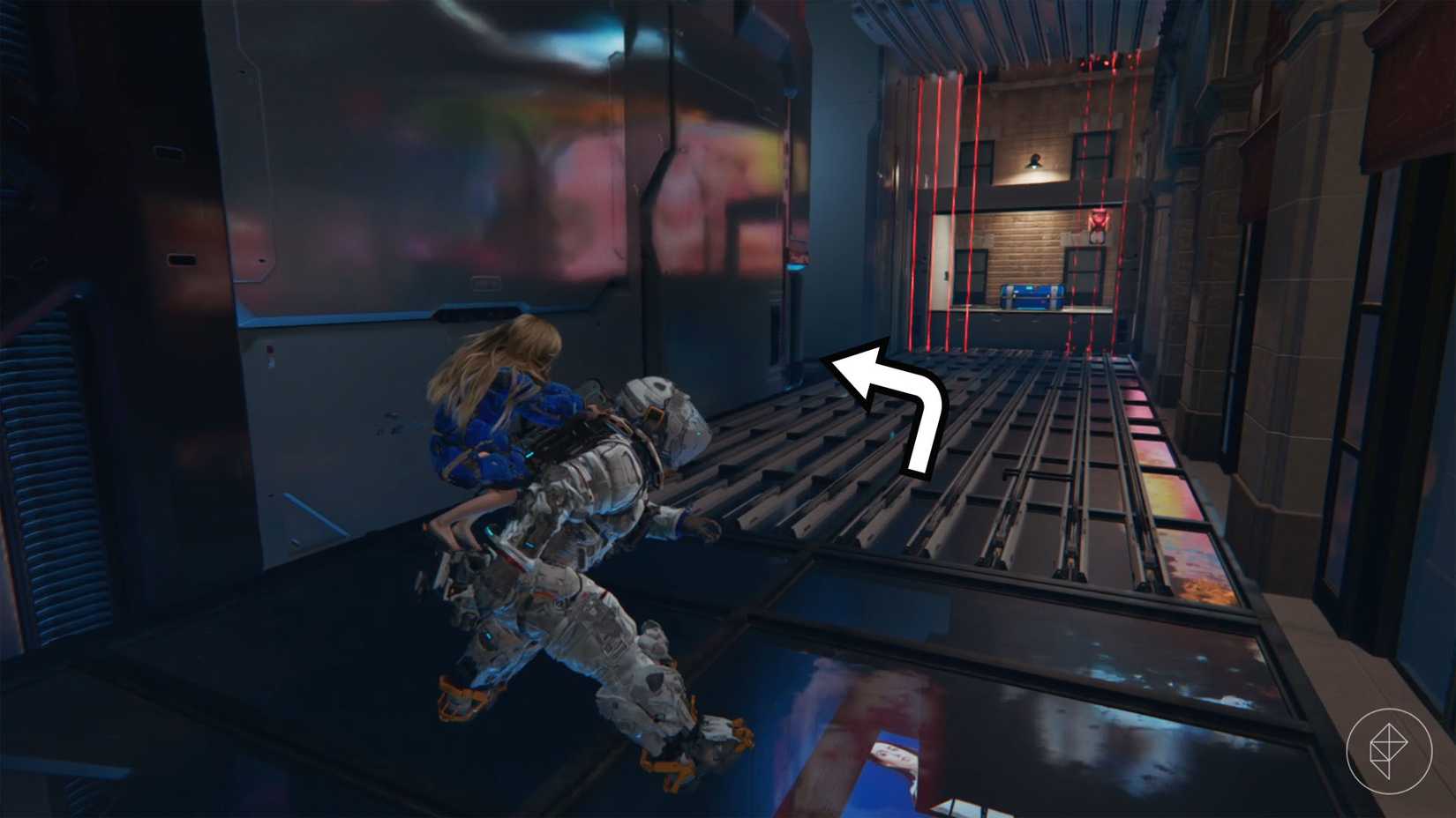 A person in a space suit carrying a girl on his back walking toward a hallway with lasers in Pragmata.