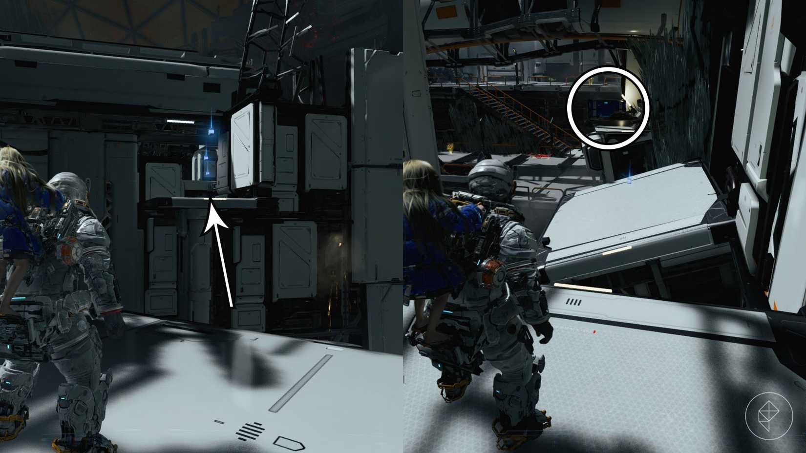 A man carrying a girl on his back looking toward a platform in the distance and a blue chest.