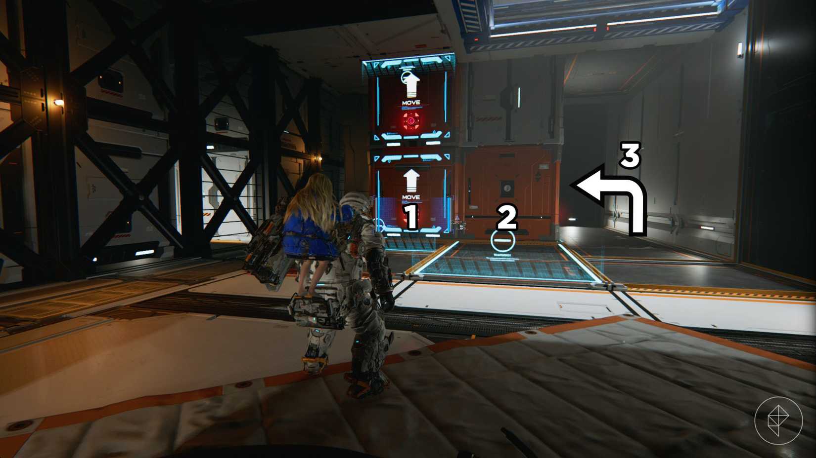 A man carrying a girl on his back standing in front of containers that are numbered 1, 2, and 3.