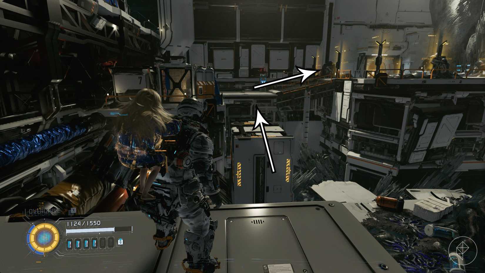 A man carrying a girl on his back looking toward a platform and a yellow fence in Pragmata.