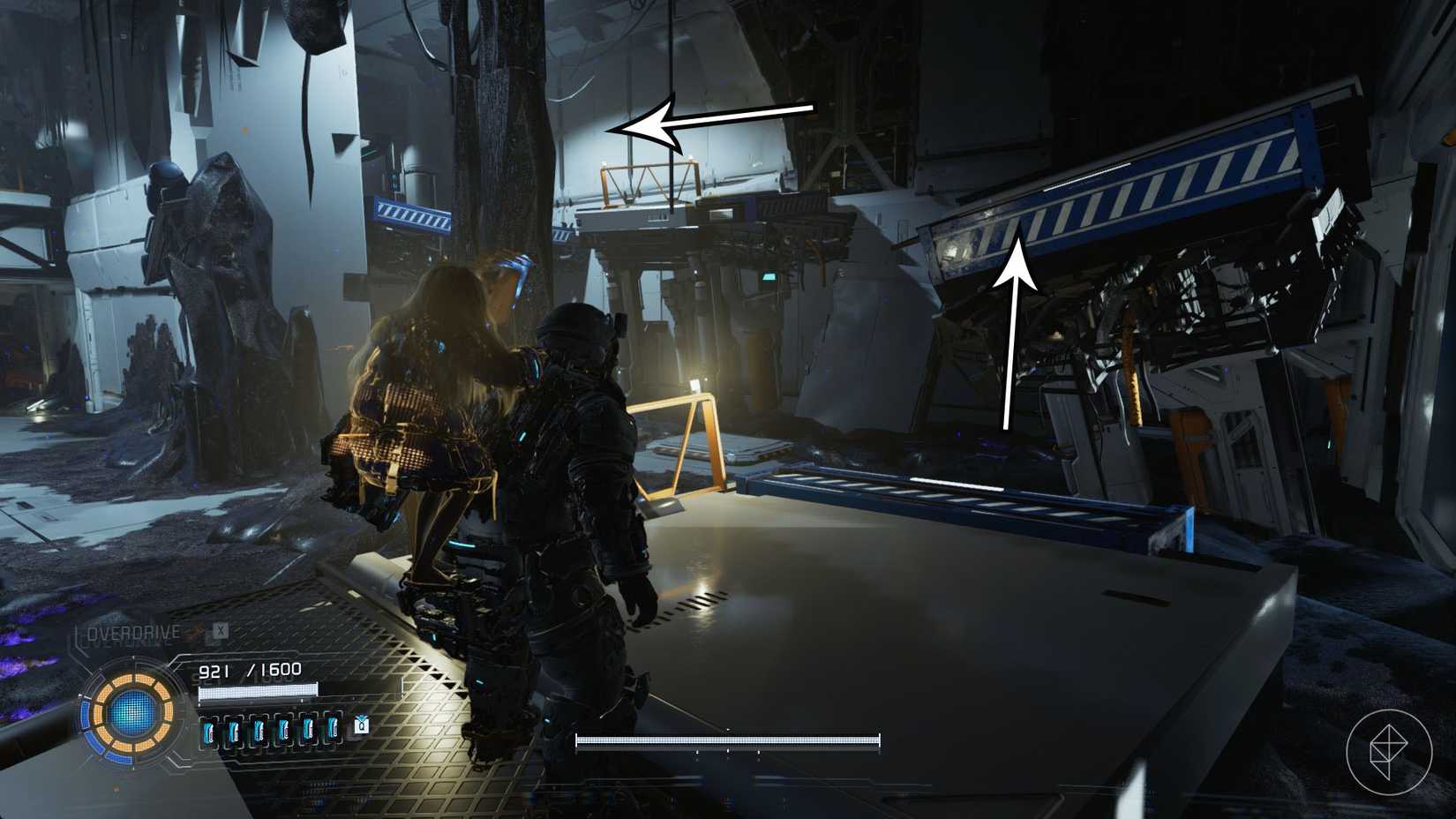 A man carrying a girl on his back looking at a few dislodged platforms in a white room in Pragmata.