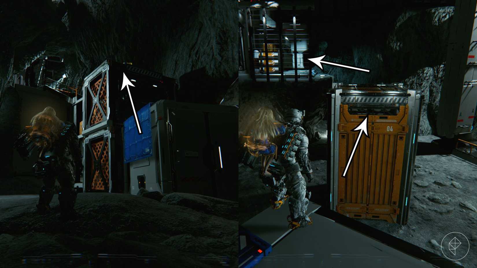 A man carrying a girl on his back looking toward a stack of boxes and a large orange box in a dark and gray environment in Pragmata.