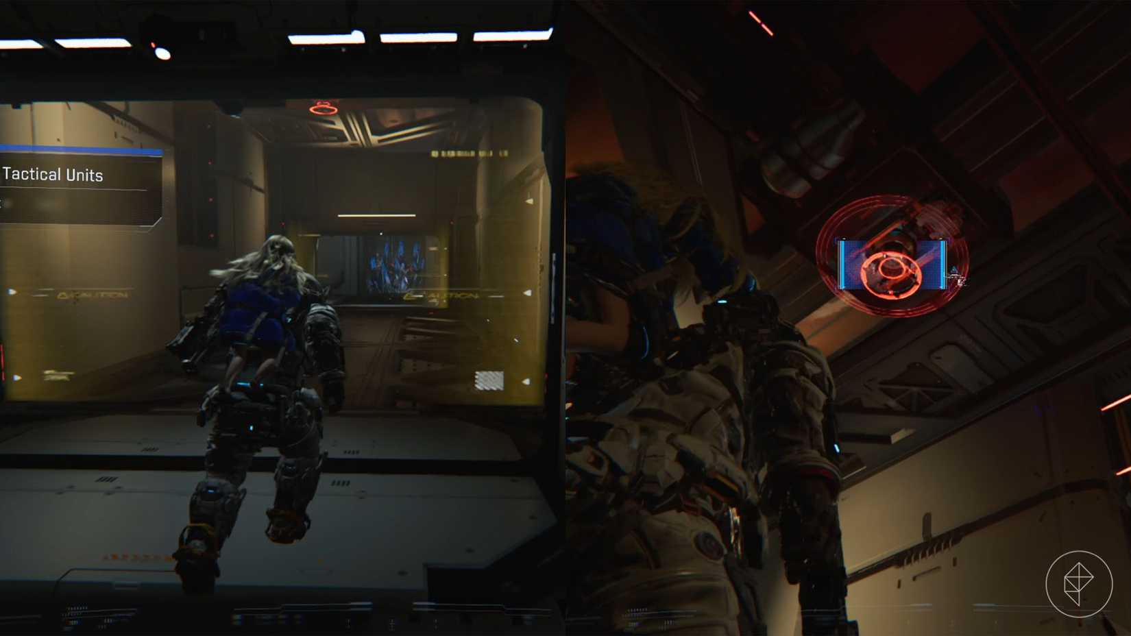 A man carrying a girl on his back into a yellow gate along with a red ring on the ceiling.