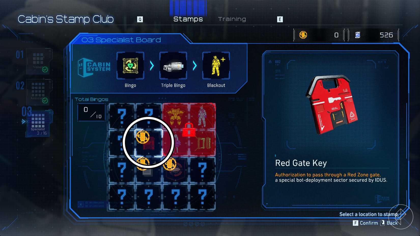 A 4x4 grid of Cabin's Stamp Club with a square of the Red Gate Key circled in Pragmata.