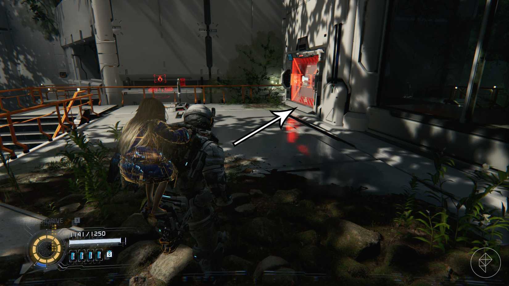 A person in a space suit carrying a girl on his back heading to a red doorway in Pragmata.