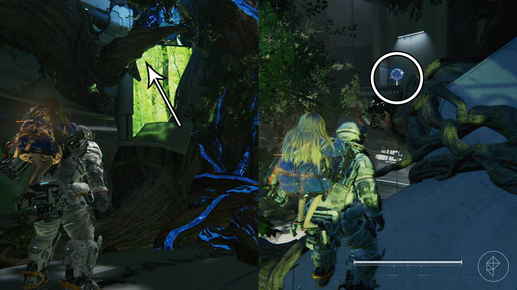 A man carrying a girl on his back looking toward a tree with a white platform on it and a holographic model of the Earth in the distance in Pragmata.