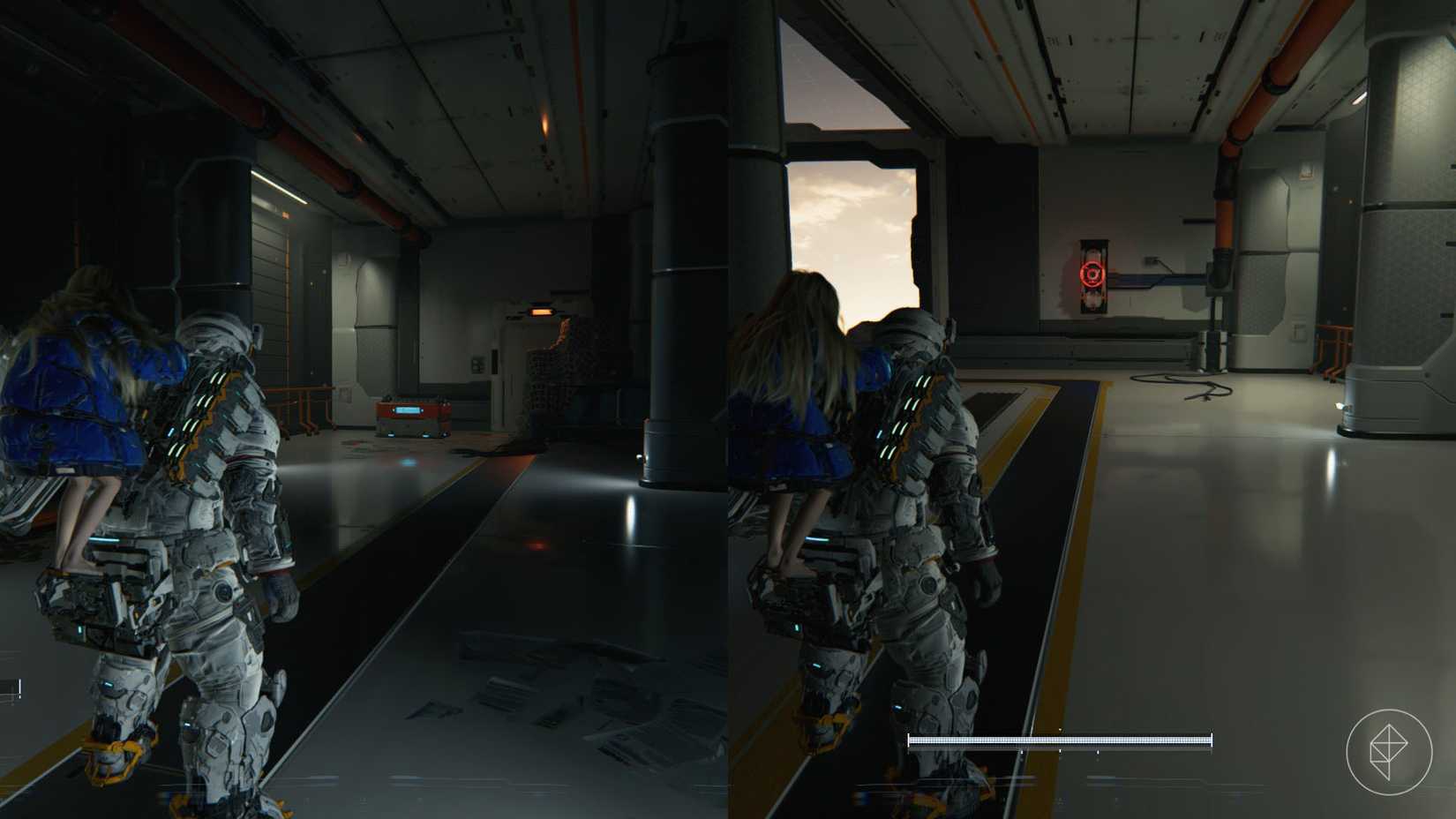 A  man carrying a girl on his back looking toward a chest and a red ring on a wall in Pragmata.