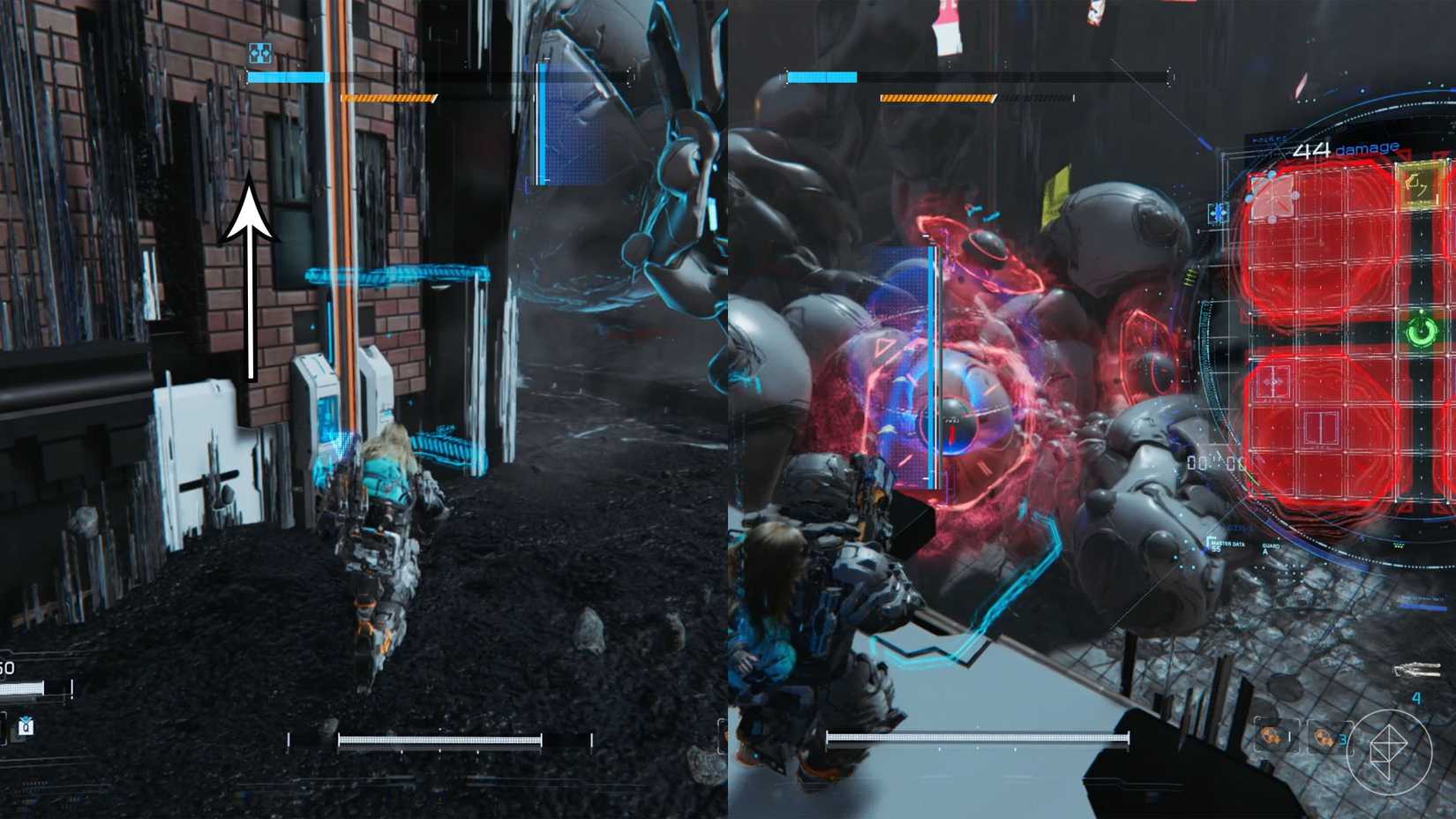 A man carrying a girl on his back going toward an elevator lift and shooting at the back of a giant robot with red shields.