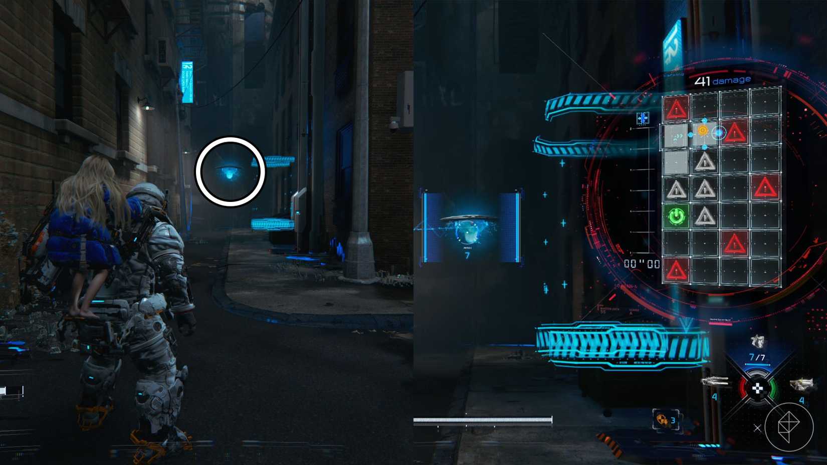 A man carrying a girl standing in front of a flying blue orb along with its hacking grid, a 4 x 7 rectangle with red and grey triangles.