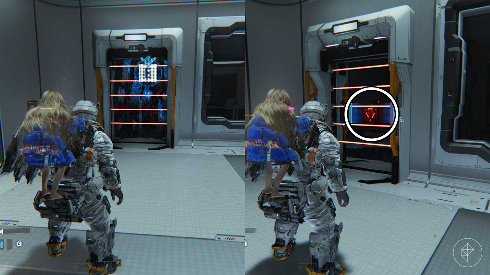 A man looking at black and blue spikes behind a wall of lasers and a red light hidden behind those spikes.